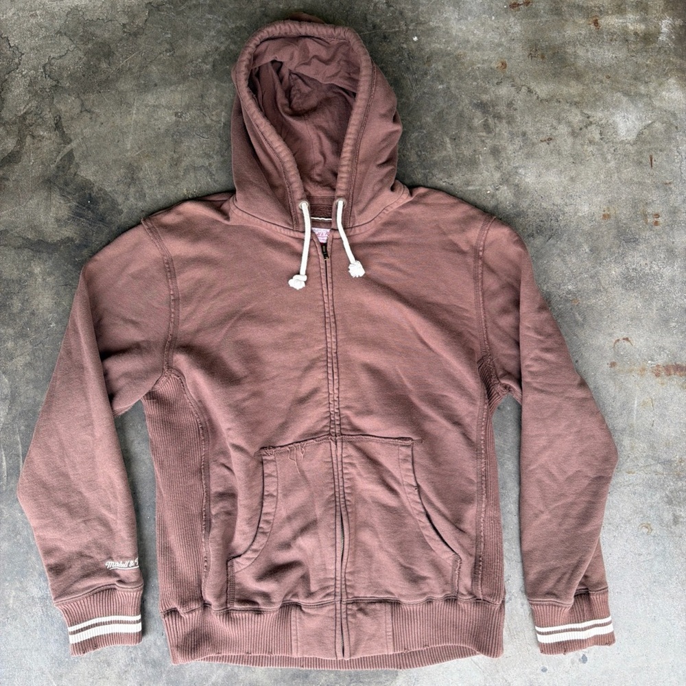 Mitchell & Ness Full Zip Brown Hooded Distressed Jacket Men's L Embroidered Logo